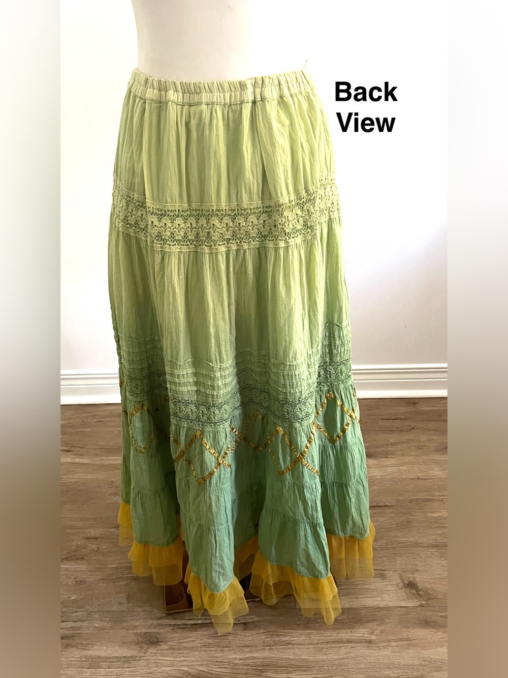🇨🇦 Vintage Boho Maxi Skirt • Green Ombré • Crinkle Cotton Feel • Lace & Ribbon - Picture 7 of 14